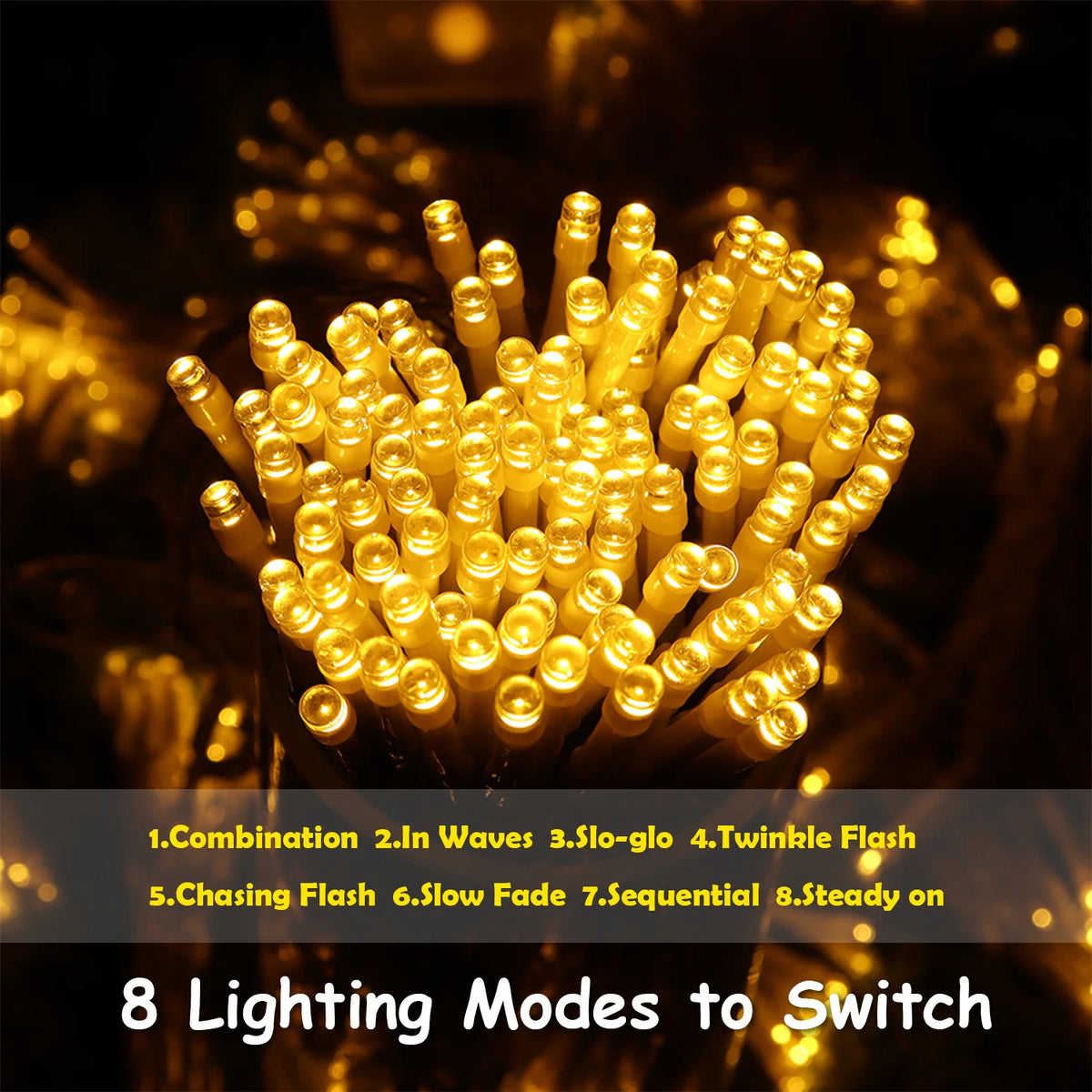 A close-up of a cluster of warm white fairy string lights showing eight different blinking and fading modes.