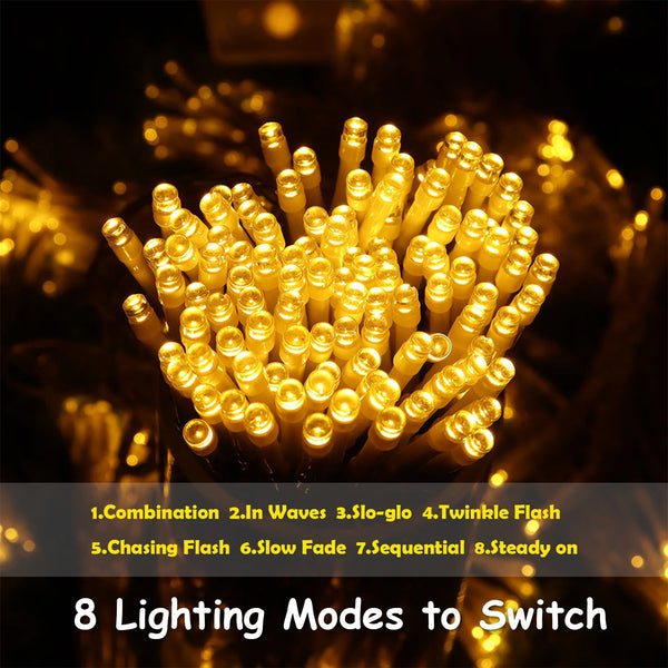 A close-up of a cluster of warm white fairy string lights showing eight different blinking and fading modes.