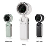 Three versions of a foldable mini handheld fan are shown in light green, white, and dark gray.