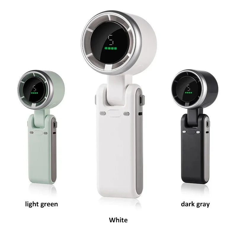 Three versions of a foldable mini handheld fan are shown in light green, white, and dark gray.