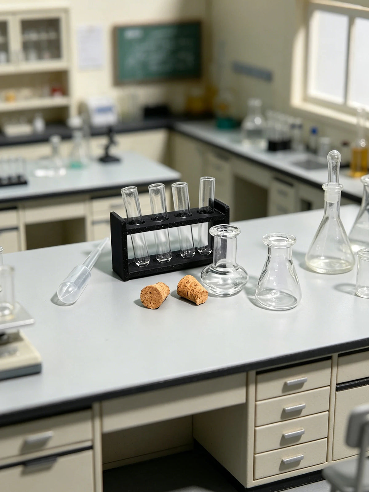 A miniature laboratory set featuring glass tubes, flasks, and small samples on a white countertop.