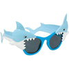 A pair of light blue shark-themed sunglasses with white accents and a gray lens.