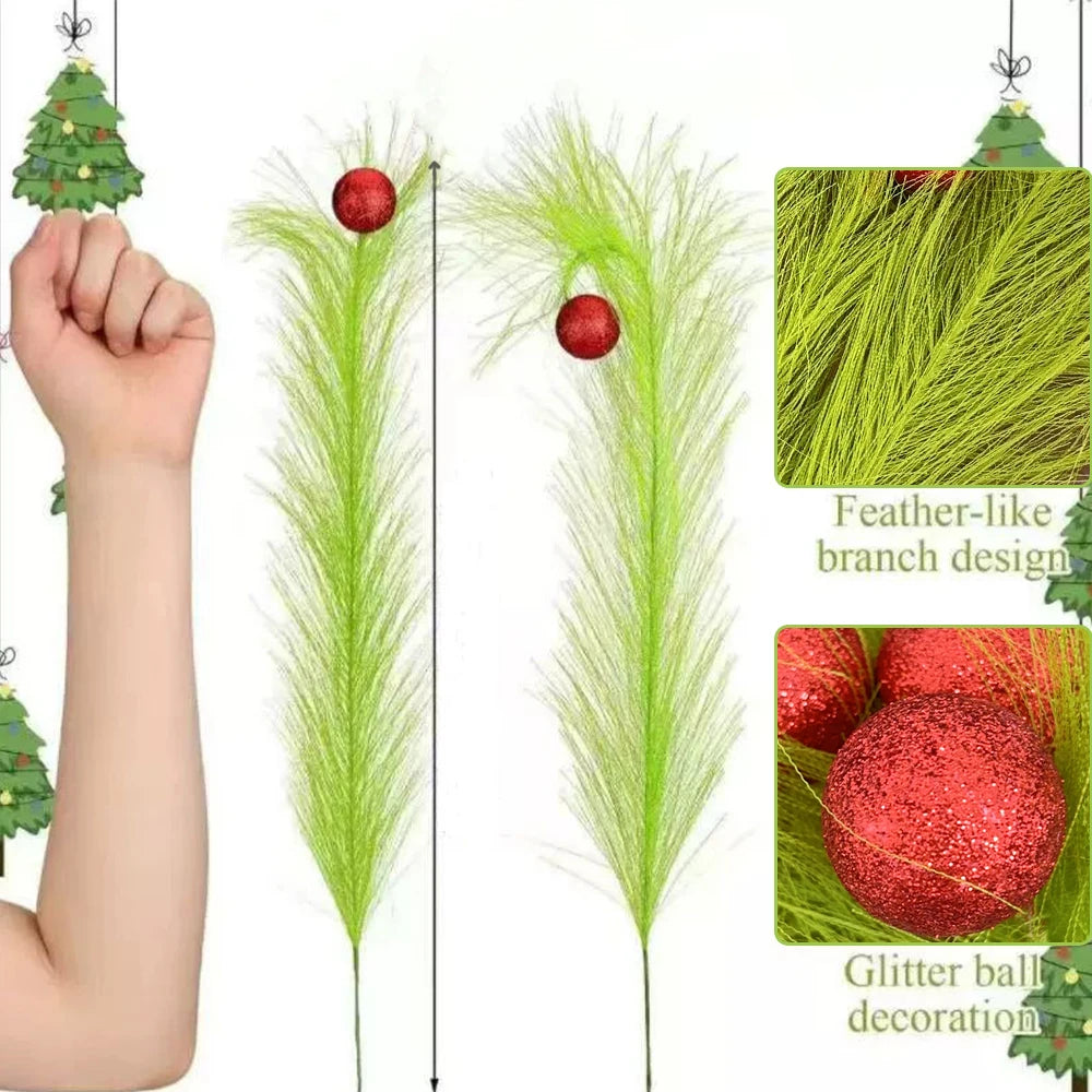 Christmas tree decor picks featuring feather-like green branches and glitter balls