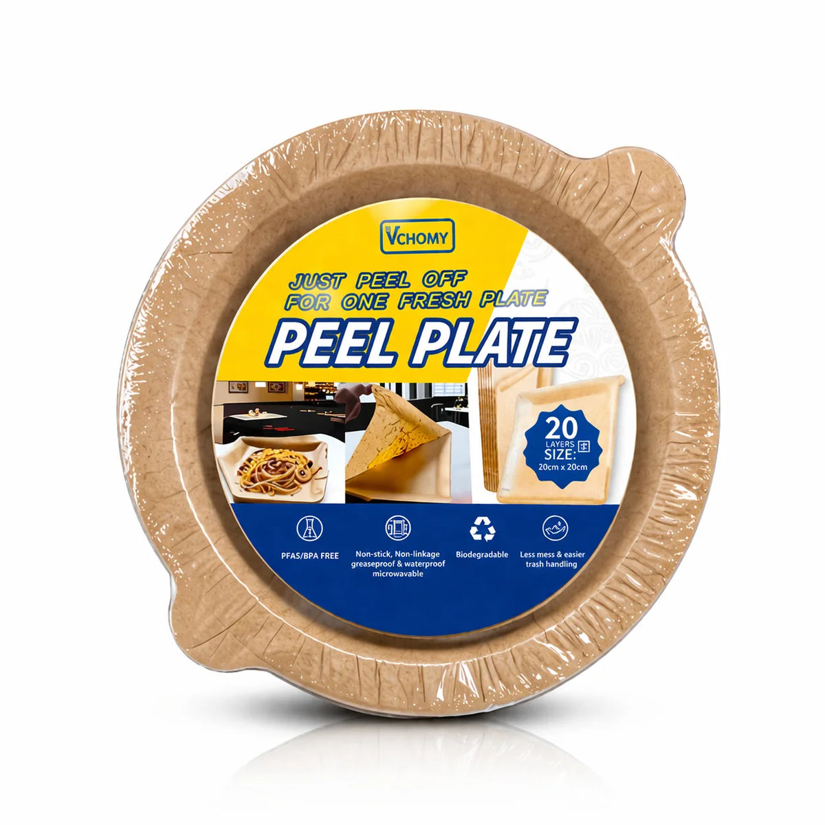 A round kraft paper peel plate with yellow text indicating it is a peel plate.