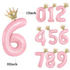 Pink foil crown number balloons in various sizes including 12 inch, 32 inch, and numbers 0, 1, 2, 4, 5, 6, 7, 8, and 9.