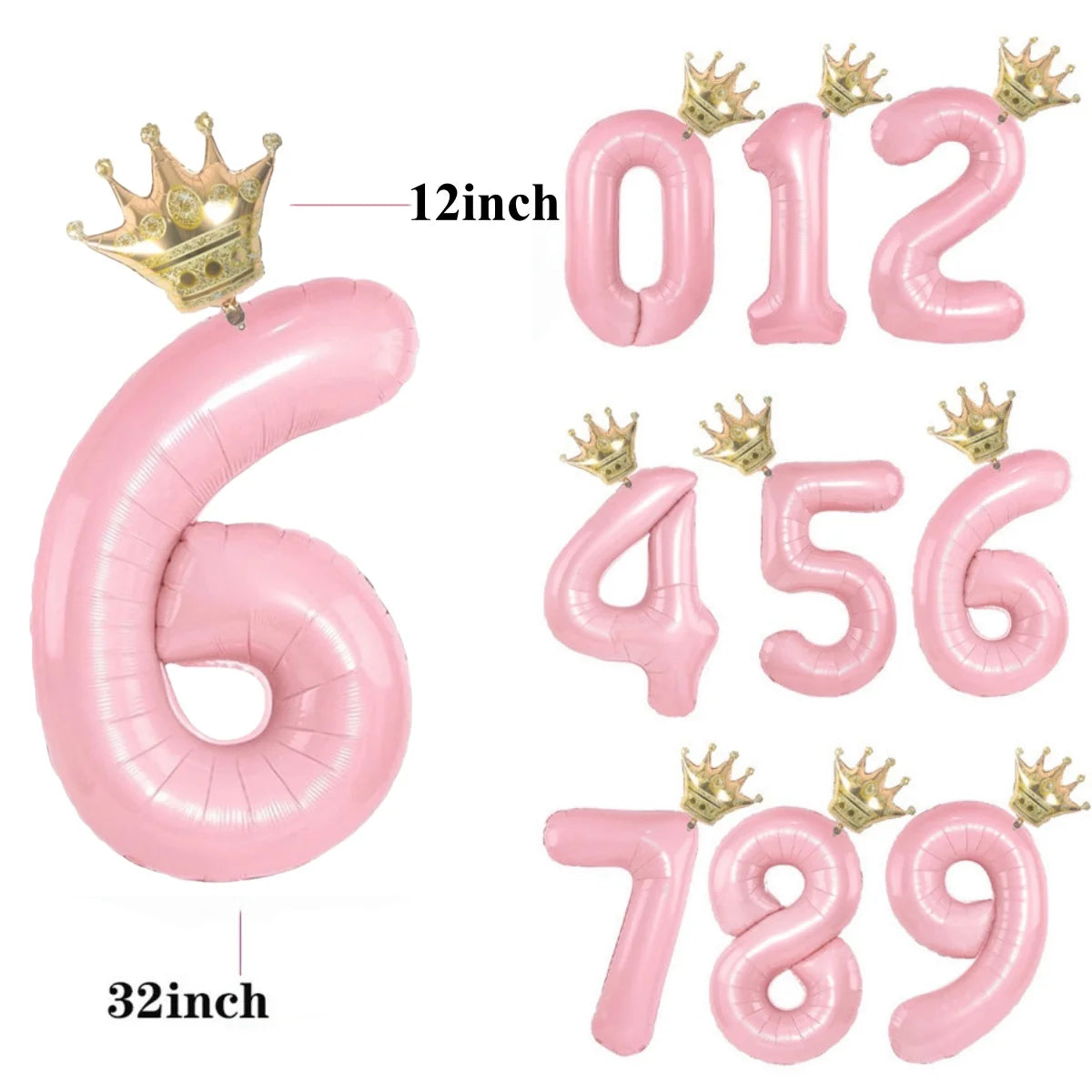 Pink foil crown number balloons in various sizes including 12 inch, 32 inch, and numbers 0, 1, 2, 4, 5, 6, 7, 8, and 9.