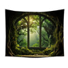 A dark, atmospheric painting of a forest scene viewed through an arched window with bright sunlight filtering through the lea