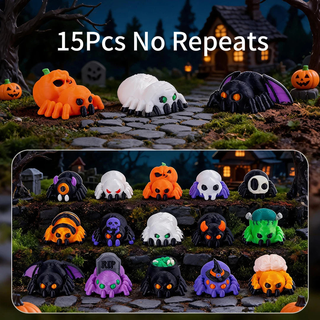 A collection of 15 plastic monster figurines including spiders, skeletons, and other creepy-cute Halloween decorations displa