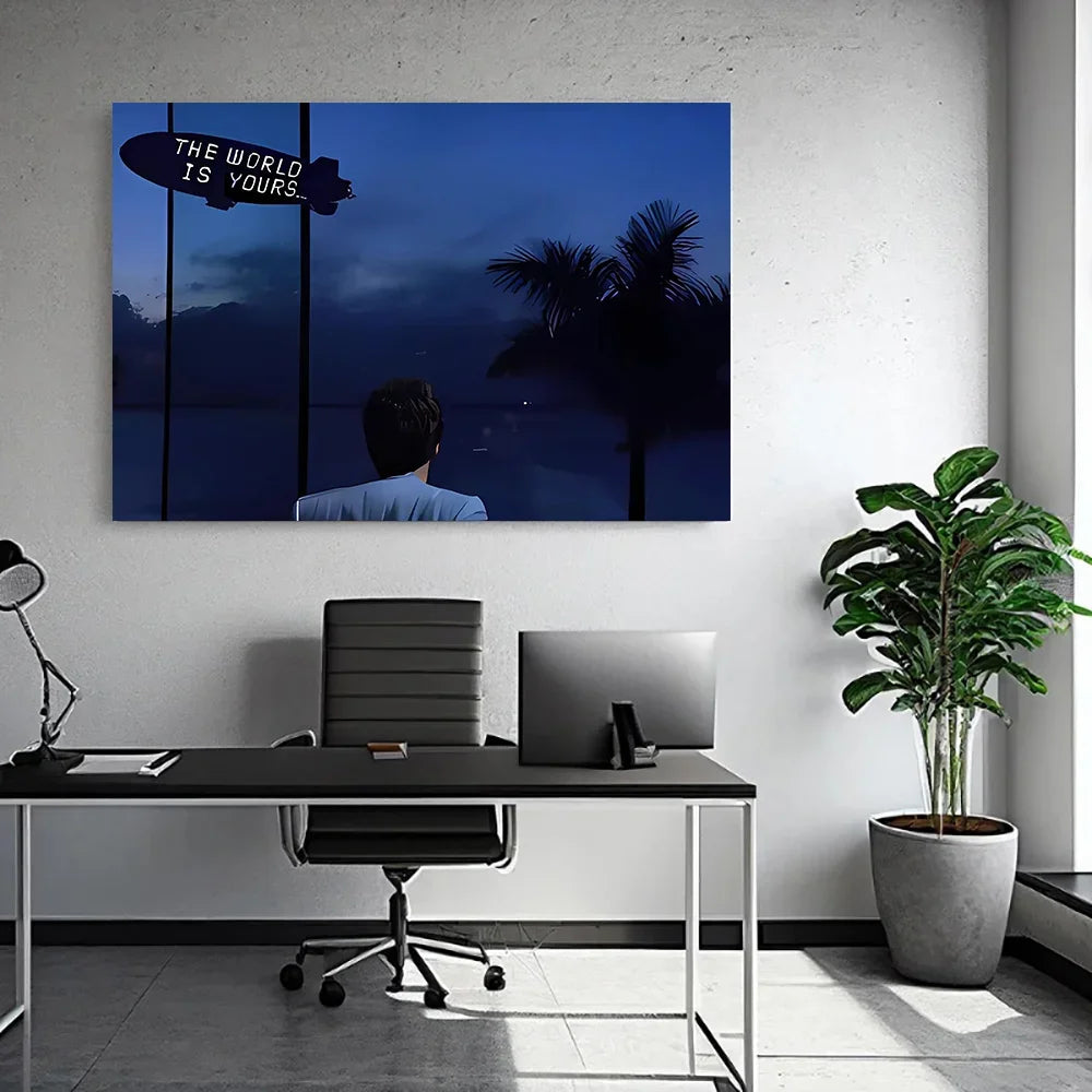 A dark canvas wall art poster featuring a silhouette of palm trees against a blue sky with the text The world is yours.