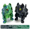 A pair of 3D printed articulated bulldog figurines in green and black.