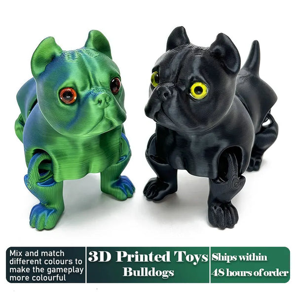 A pair of 3D printed articulated bulldog figurines in green and black.
