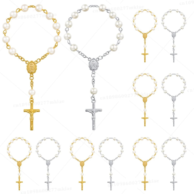 Assorted mini baptism rosary favors with cross necklaces in gold and silver tones