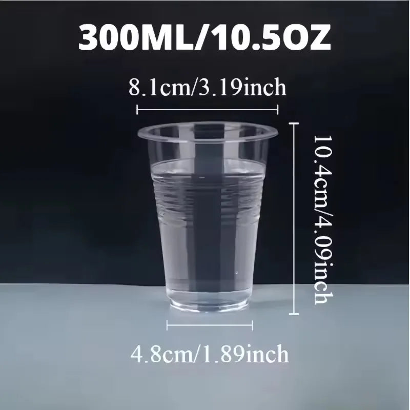 A clear plastic cup with volume markings and dimensions is shown against a dark background.