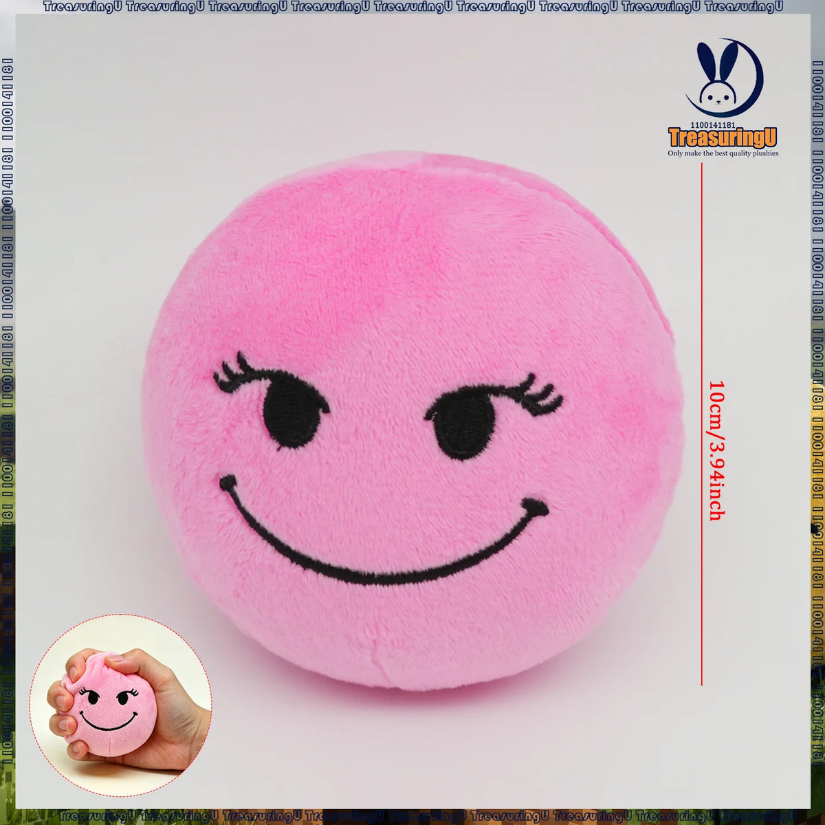 A pink, round plush doll with a smiling face is shown against a white background.