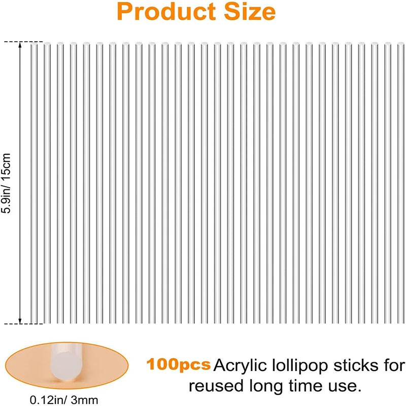 A diagram showing the size of acrylic lollipop sticks, with a scale indicating 5.9 inches or 15 cm.