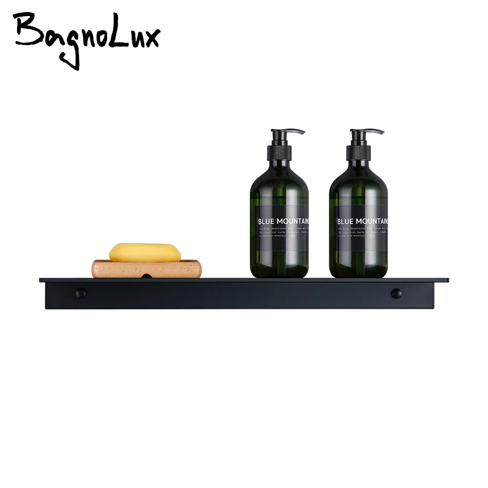 Modern matte black wall shelf displaying two blue mountain soap dispensers