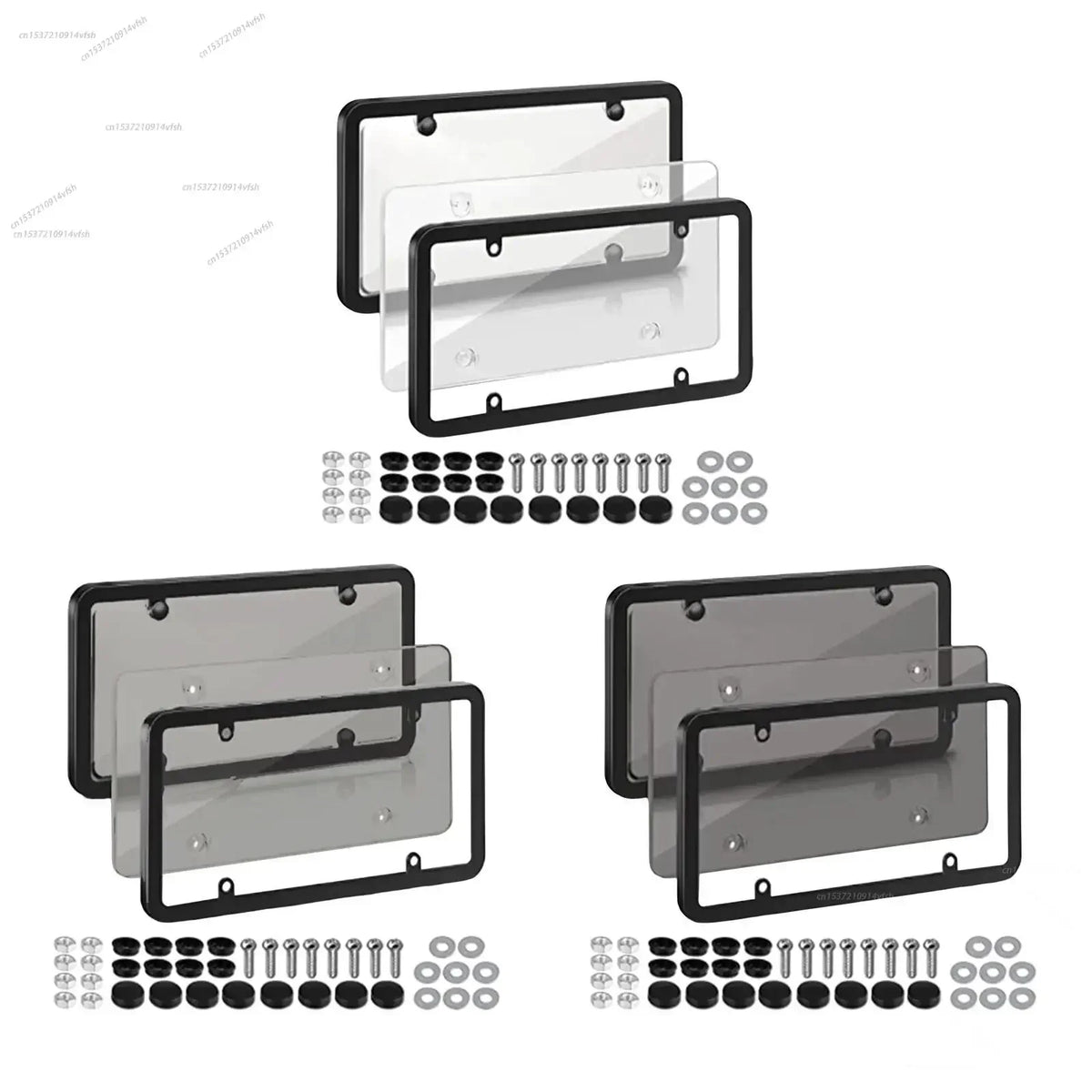 Various universal license plate frames in black and gray with mounting screws for cars and trucks