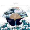 Japanese foldable hand fan featuring a dramatic Kanagawa wave design in blue and white.