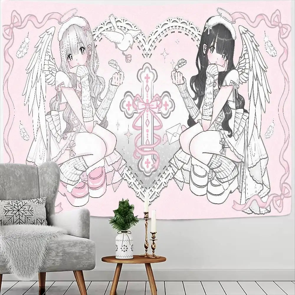 Tapiz de anime con dos figuras aladas en rosa y blanco sobre fondo rosa claro para decoración de pared