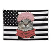 A cat with pink hair wearing a red jacket is featured on an American flag background.