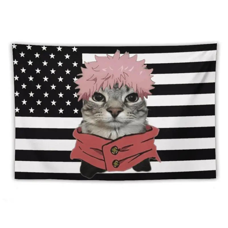 A cat with pink hair wearing a red jacket is featured on an American flag background.