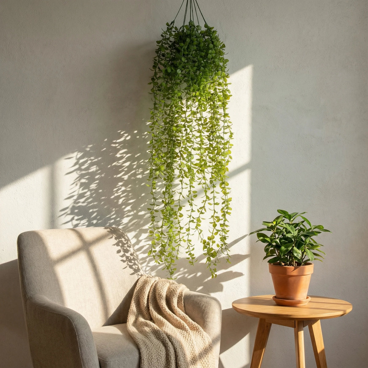 Künstliches Eukalyptus-Pinienranken-Wandkunst, drapiert an einer hellen Wand.