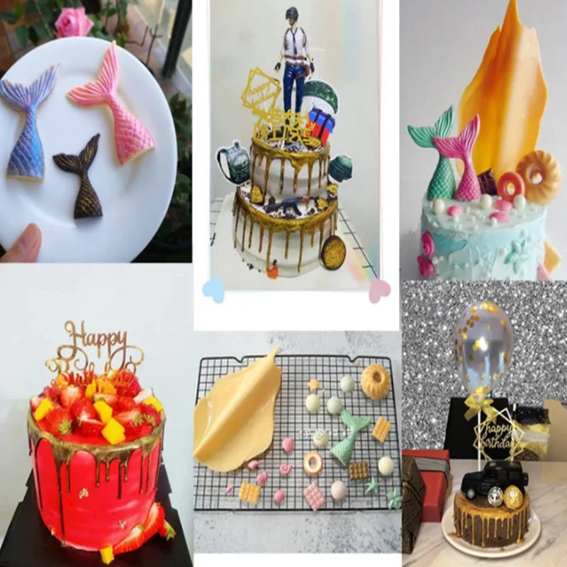 A variety of colorful cakes and pastries decorated with gold and silver glitter dust.