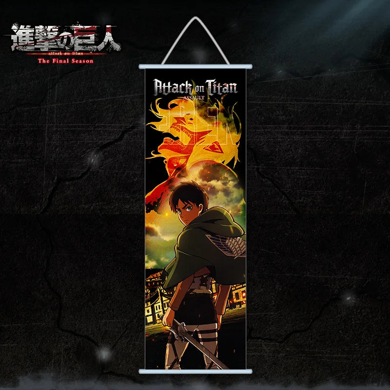 A silk wall hanging featuring artwork from Attack on Titan, depicting a character in a dramatic pose against a fiery backgrou