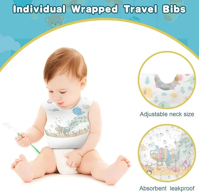 A baby wearing an individually wrapped travel bib with a food catcher pocket, demonstrating its absorbent leakproof feature.