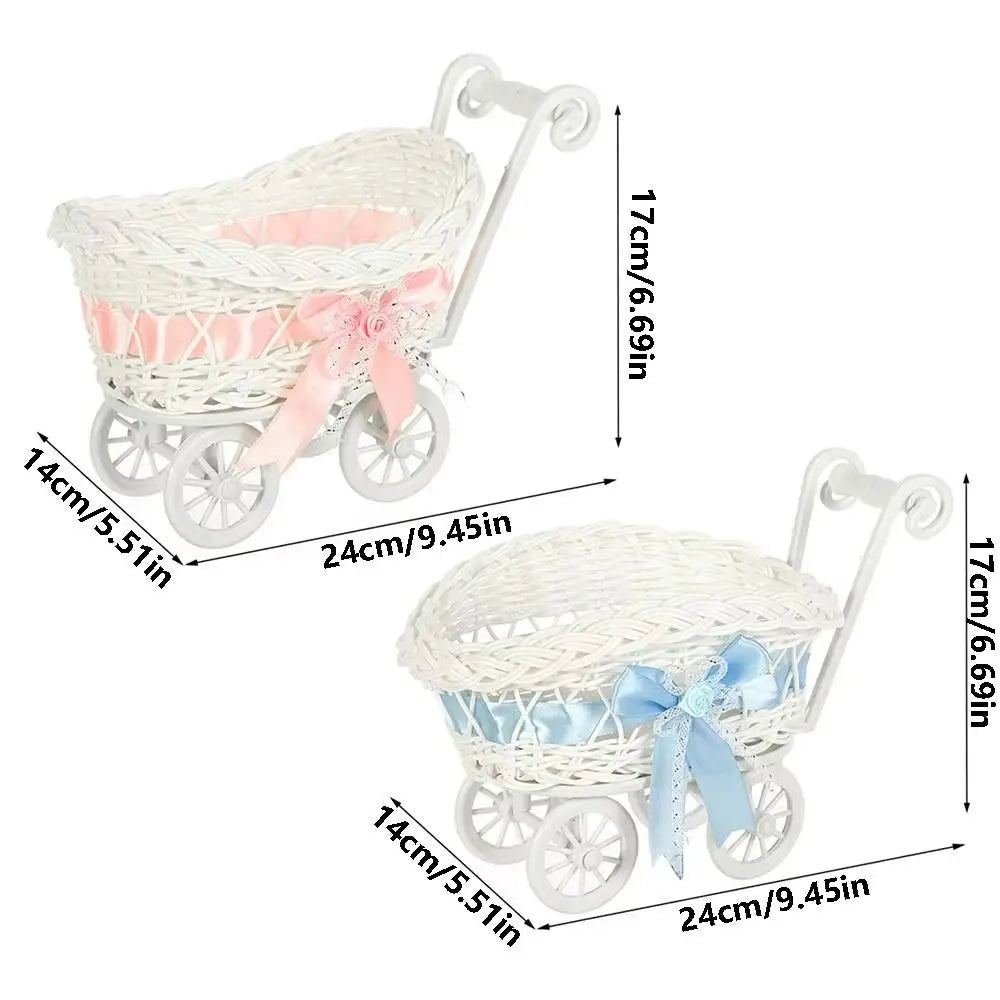 White faux rattan woven storage basket with handle and pink ribbon, shown from the side.