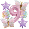 A set of seven pink butterfly and number balloons for a birthday party decoration