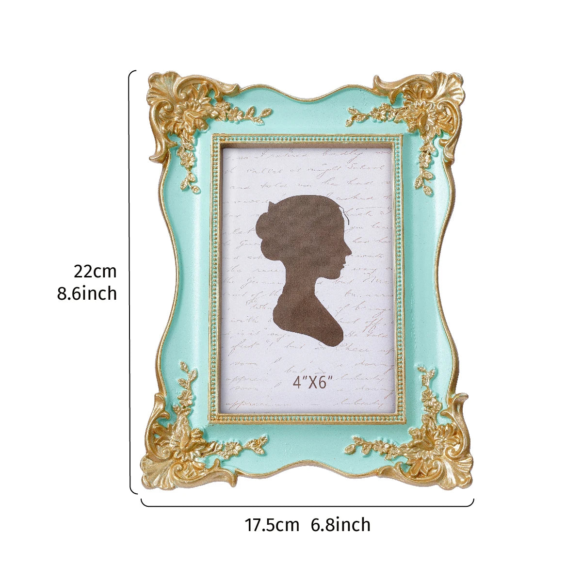 A light blue decorative photo frame with a gold-colored ornate border and a white mat, featuring a silhouette of a woman's pr