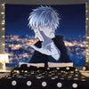 Anime tapestry wall hanging featuring Jujutsu Kaisen Gojo Satoru with light blue eyes against a night cityscape background