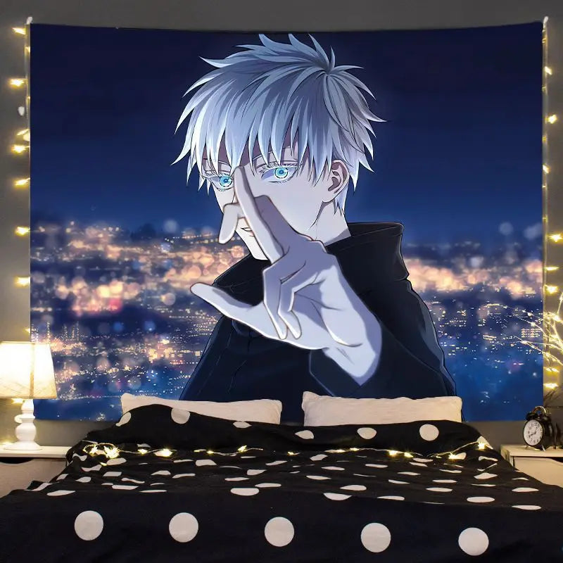 Anime tapestry wall hanging featuring Jujutsu Kaisen Gojo Satoru with light blue eyes against a night cityscape background