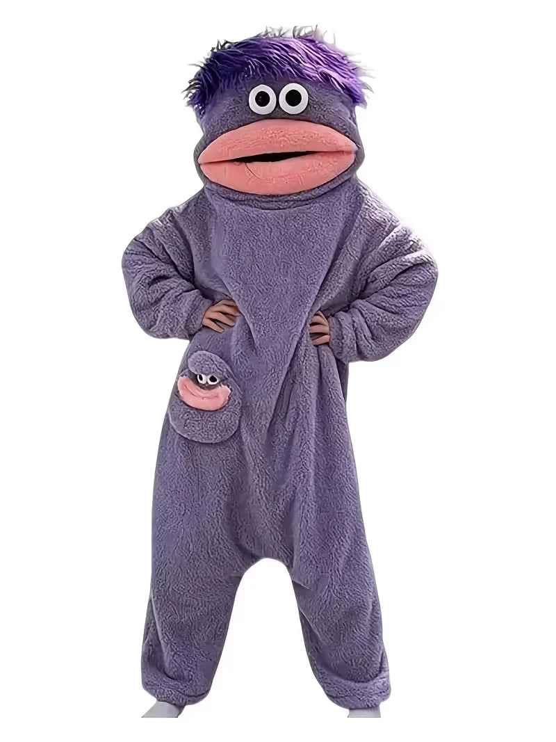 Funny Big Mouth Monster Onesie Pajamas – Cozy Coral Fleece Hooded Jumpsuit