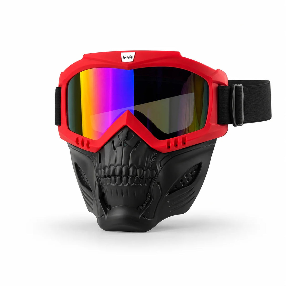 Red full face skull riding goggles with a black strap and mirrored lenses
