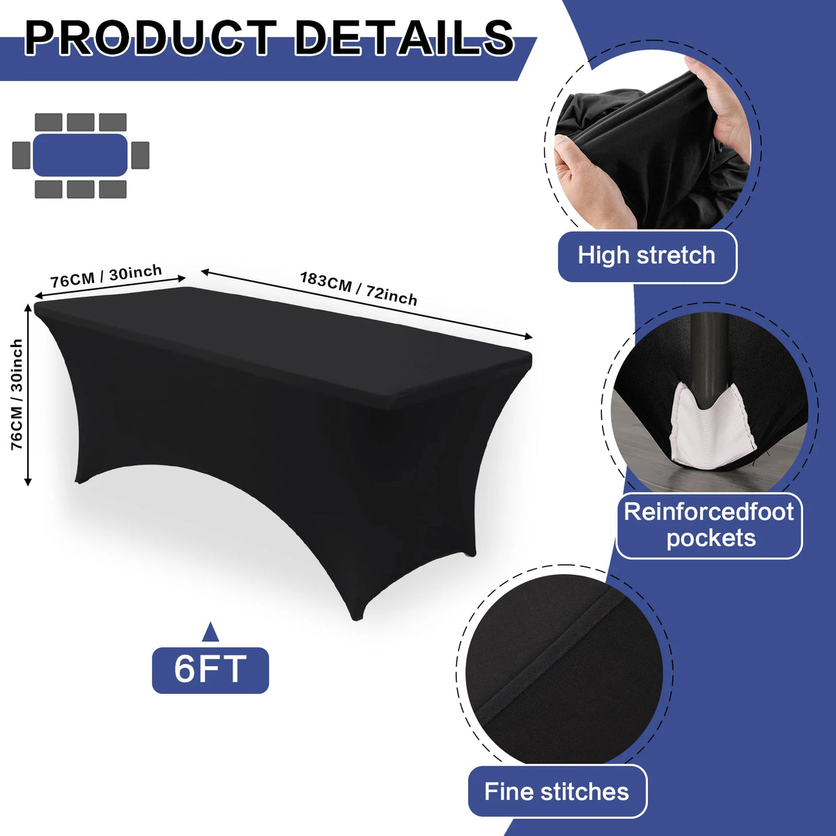 Black stretch fitted spandex table cover with reinforced foot pockets and fine stitches