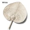 A white peach-shaped bamboo woven hand fan with a natural straw handle.