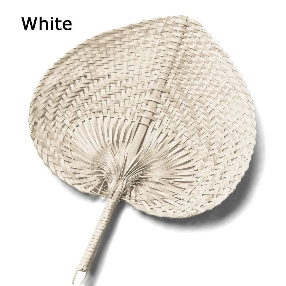 A white peach-shaped bamboo woven hand fan with a natural straw handle.