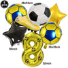 Un set de six ballons de football jaunes et bleus, incluant un ballon, une étoile et un ballon numéro huit.