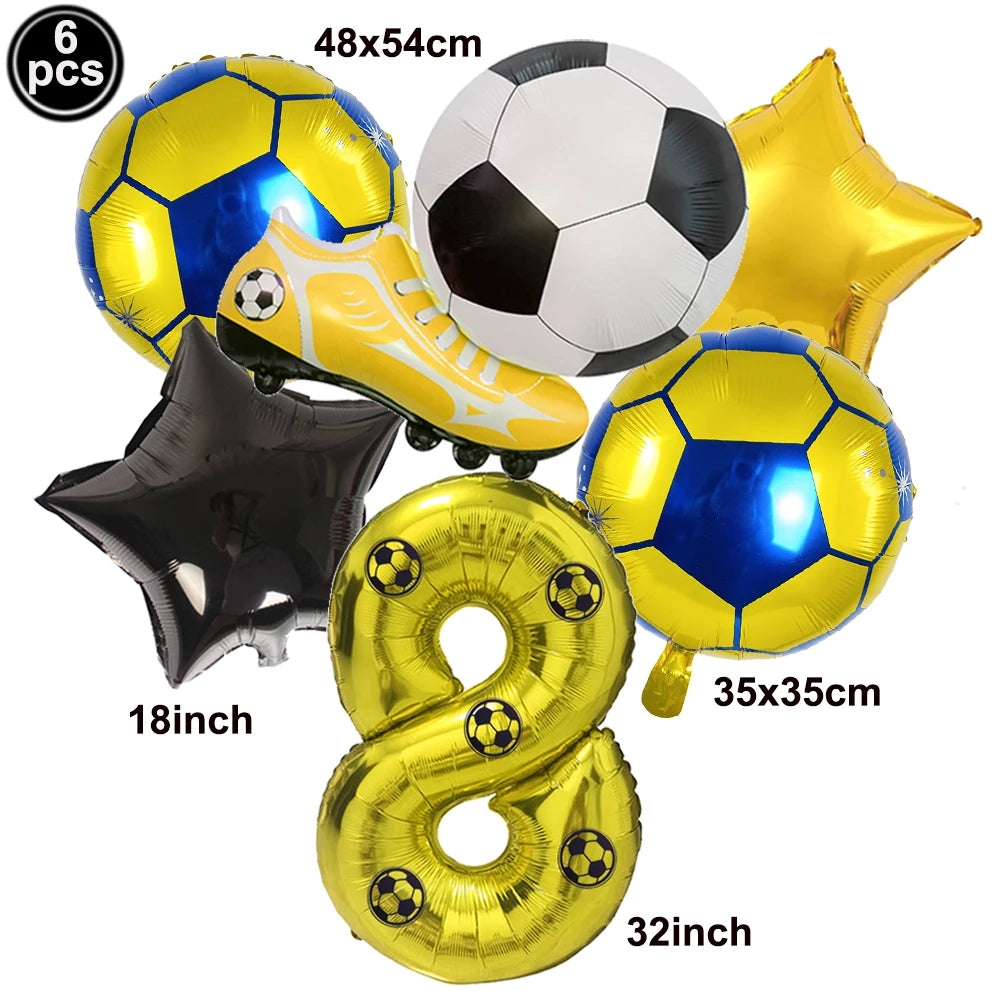 Un set de six ballons de football jaunes et bleus, incluant un ballon, une étoile et un ballon numéro huit.