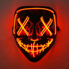 A glowing orange LED mask featuring crossed eyes and a menacing grin, designed for Halloween cosplay.