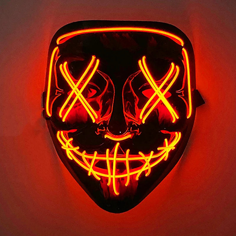 A glowing orange LED mask featuring crossed eyes and a menacing grin, designed for Halloween cosplay.
