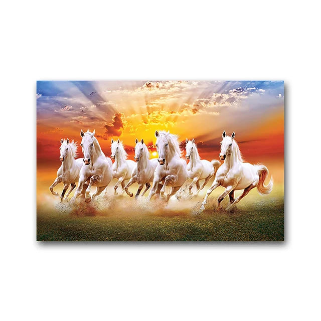 A group of white horses galloping across a field under a dramatic sunset sky.