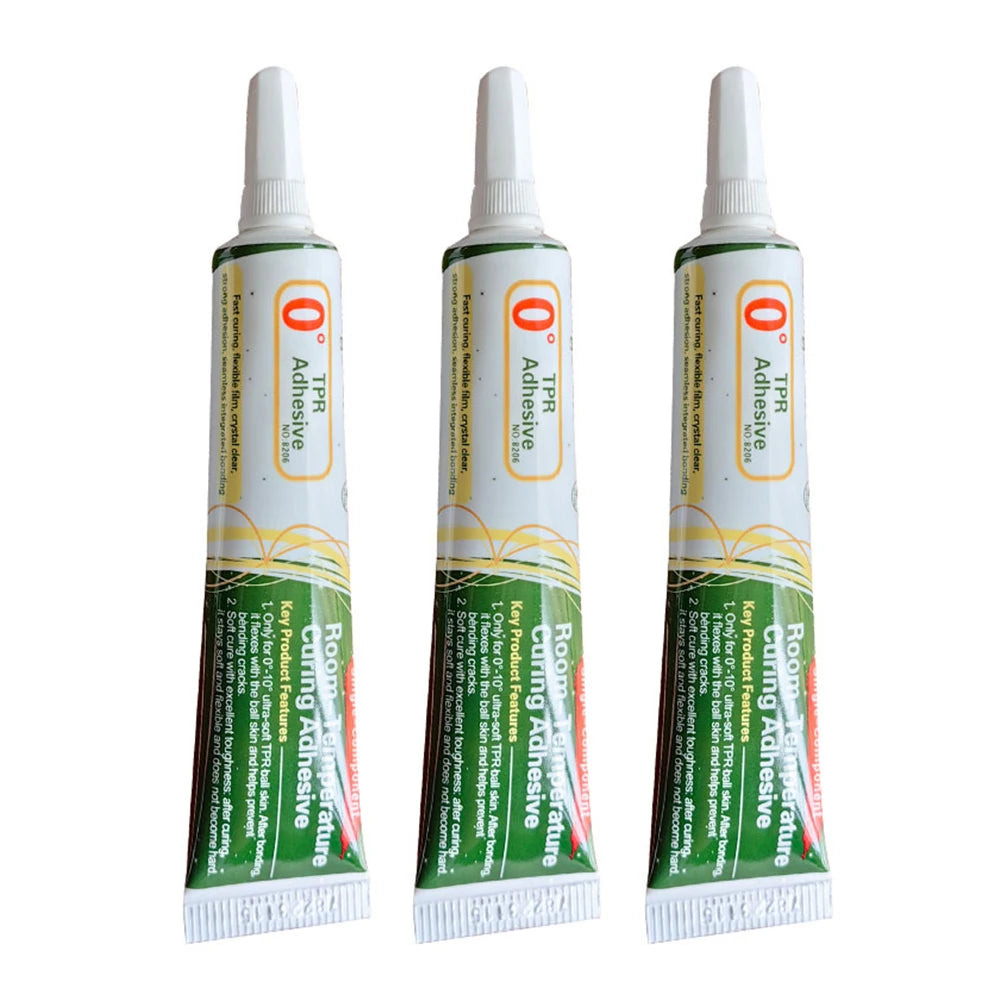 A white bottle of clear adhesive for squishy toys repairs with a dropper cap and label.