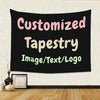 A black canvas tapestry with pink, yellow, and green text that reads Customized Tapestry Image/Text/Logo.