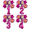 A set of six foil balloons featuring Masha and the Bear characters in pink, purple, and gold colors.