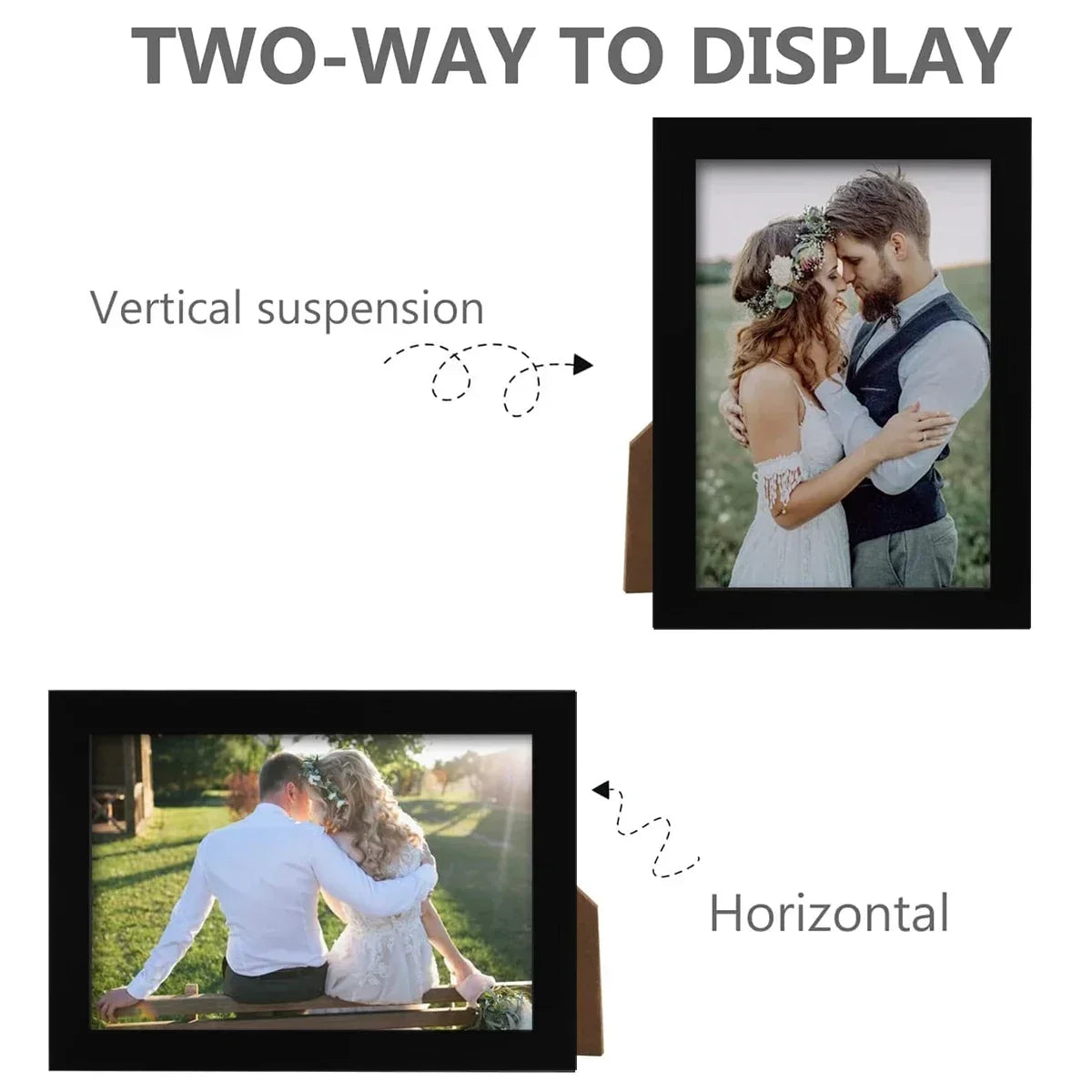 Two-way display photo frame showing vertical and horizontal orientations of a couple.