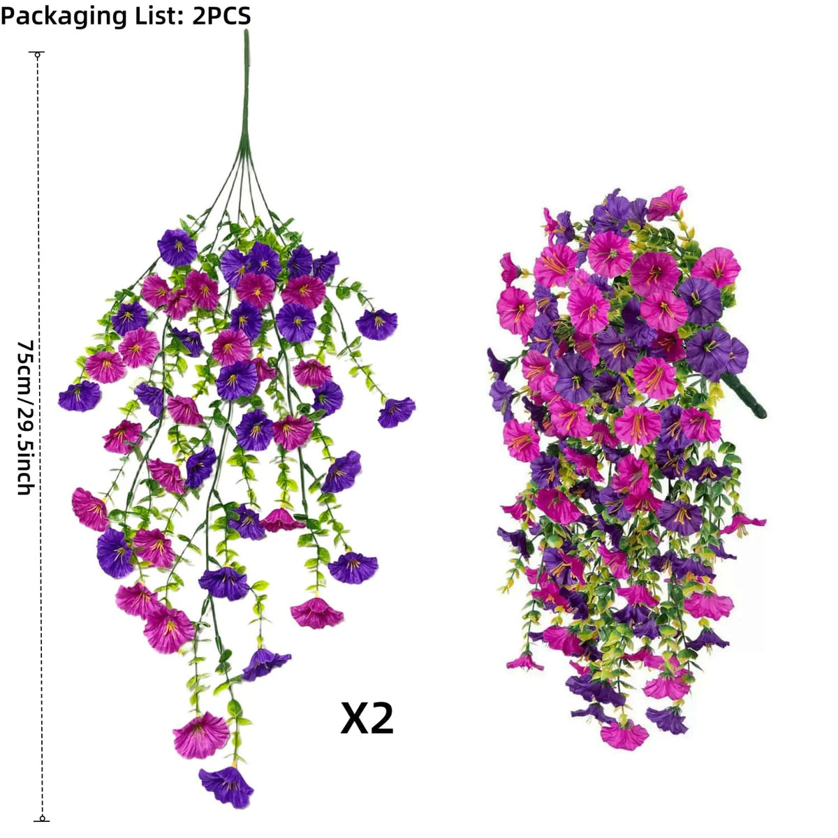 Two bunches of purple and pink artificial flowers hanging down