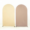 Two seamless stretchable arch backdrop covers in beige and taupe.